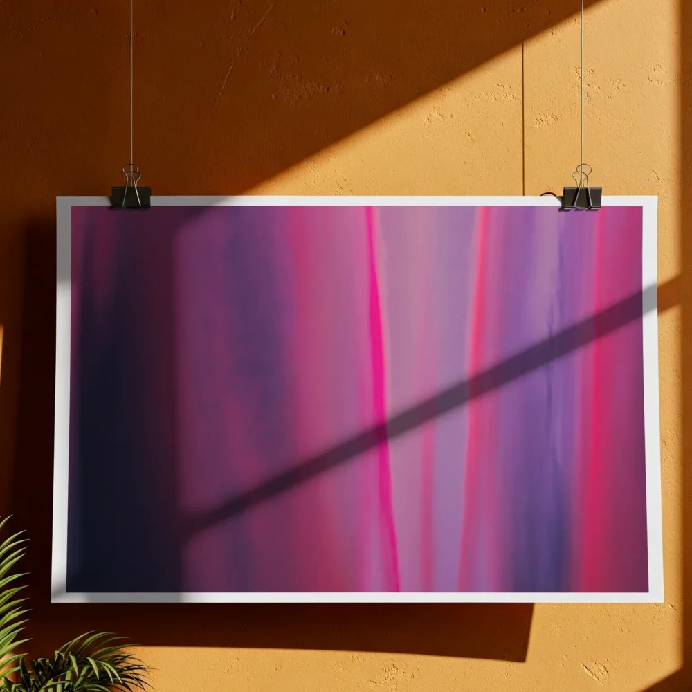 A close-up of an unframed abstract poster print hanging from clips on an orange wall. A large diagonal shadow from sunlight is cast across the artwork
