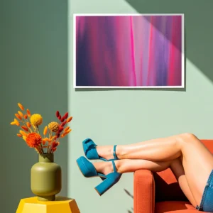 An unframed abstract poster print on a light green wall above a woman's legs wearing blue heeled shoes, resting on an orange armchair