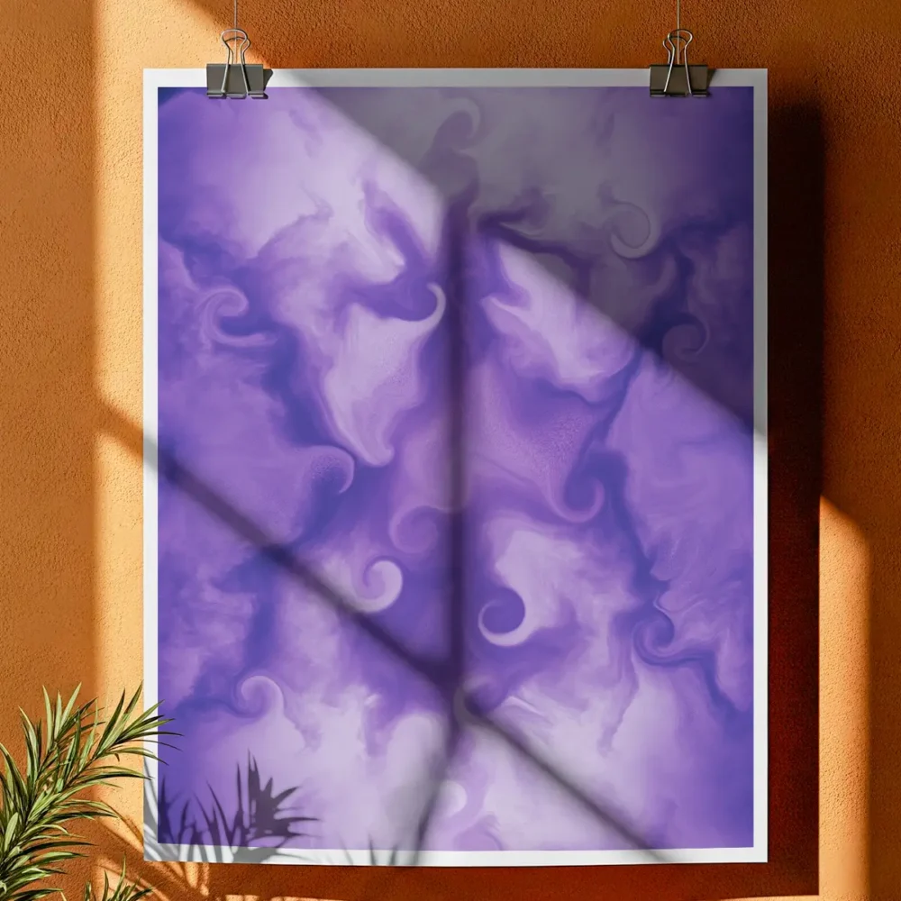 A close-up of an unframed abstract poster print hanging from clips on an orange wall. A large diagonal shadow from sunlight is cast across the artwork.
