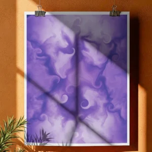 A close-up of an unframed abstract poster print hanging from clips on an orange wall. A large diagonal shadow from sunlight is cast across the artwork.