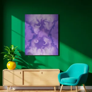 An unframed abstract canvas print mounted on a dark green wall. Sunlight casts a soft, diagonal shadow across the top left corner of the artwork and the wall.