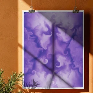 An unframed abstract poster print hangs from clips on an orange wall. A large diagonal shadow from sunlight is cast across the artwork.