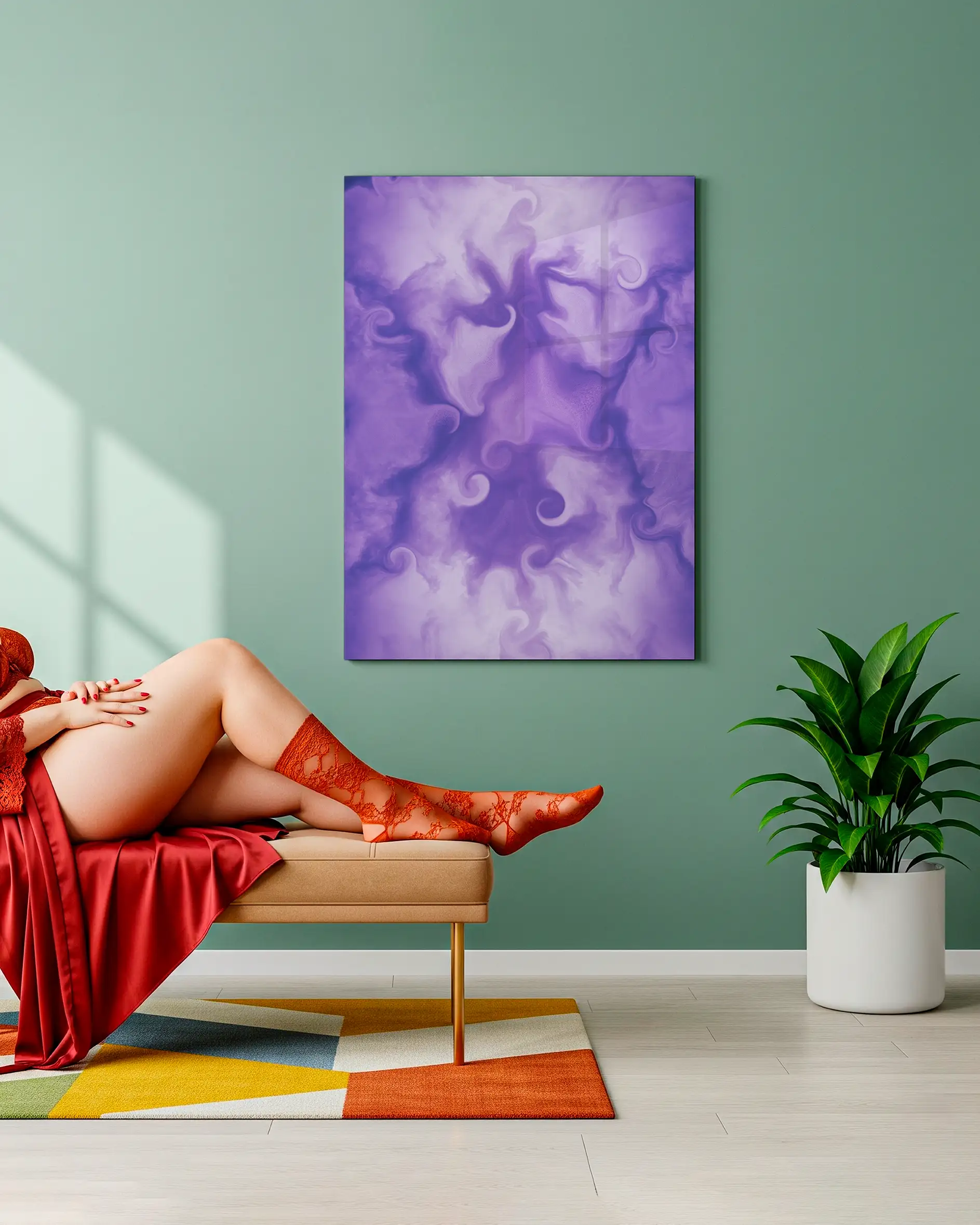 An unframed glossy abstract acrylic print on a light green wall, with a woman's legs in orange lace socks resting in the foreground.