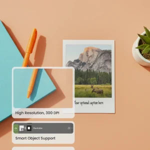 A flat lay features a blue notebook and an orange pen on the left, a polaroid photo mockup in the center, and a small potted succulent on a peach background.