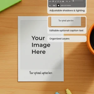 A polaroid photo mockup lies on a wooden desk surrounded by pink and green notepads, pastel markers, and an orange coffee cup, creating a cozy, creative atmosphere.