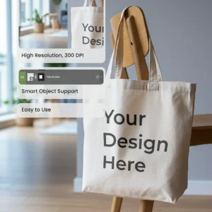 A tote bag mockup hangs on a modern wooden chair in a bright, minimalist room. Sunlight streams through large windows, creating a calm, inviting atmosphere.
