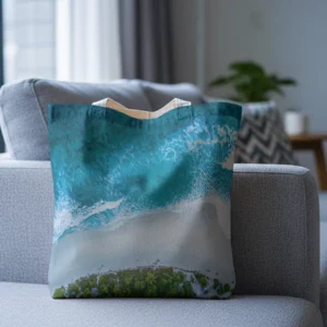 A tote bag mockup sits on a light gray sofa in a modern living room. Soft natural light filters through large windows, creating a calm atmosphere.