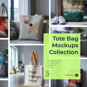 Tote bag mockups featuring diverse designs and settings. Collage style with a bright, modern tone. Text overlay Tote Bag Mockups Collection, 5 Options.