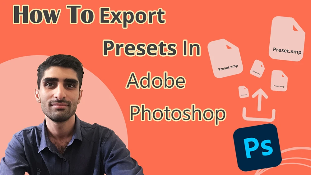The image features a tutorial title in bold text. A person is on the left against an orange background, and on the right, some files appear above an Adobe Photoshop logo